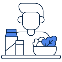 Icon mit Person, die vor einem Tablett mit Essen und Trinken sitzt