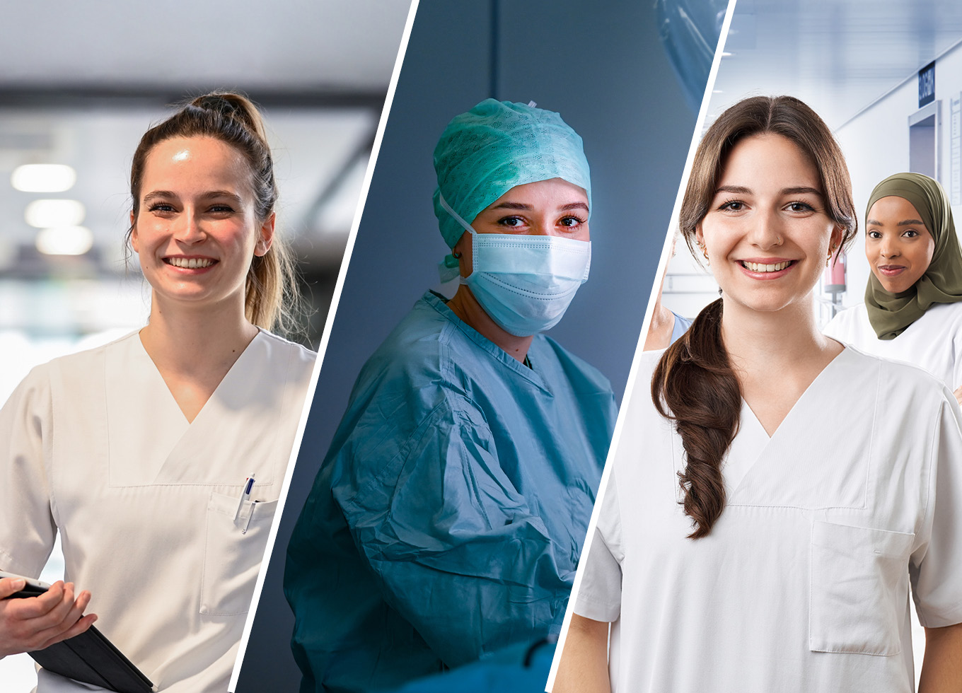 Eine Pflegefachkraft, eine OTA und zwei Mitarbeiterinnen aus dem Flexteam blicken während ihrer Arbeit in die Kamera